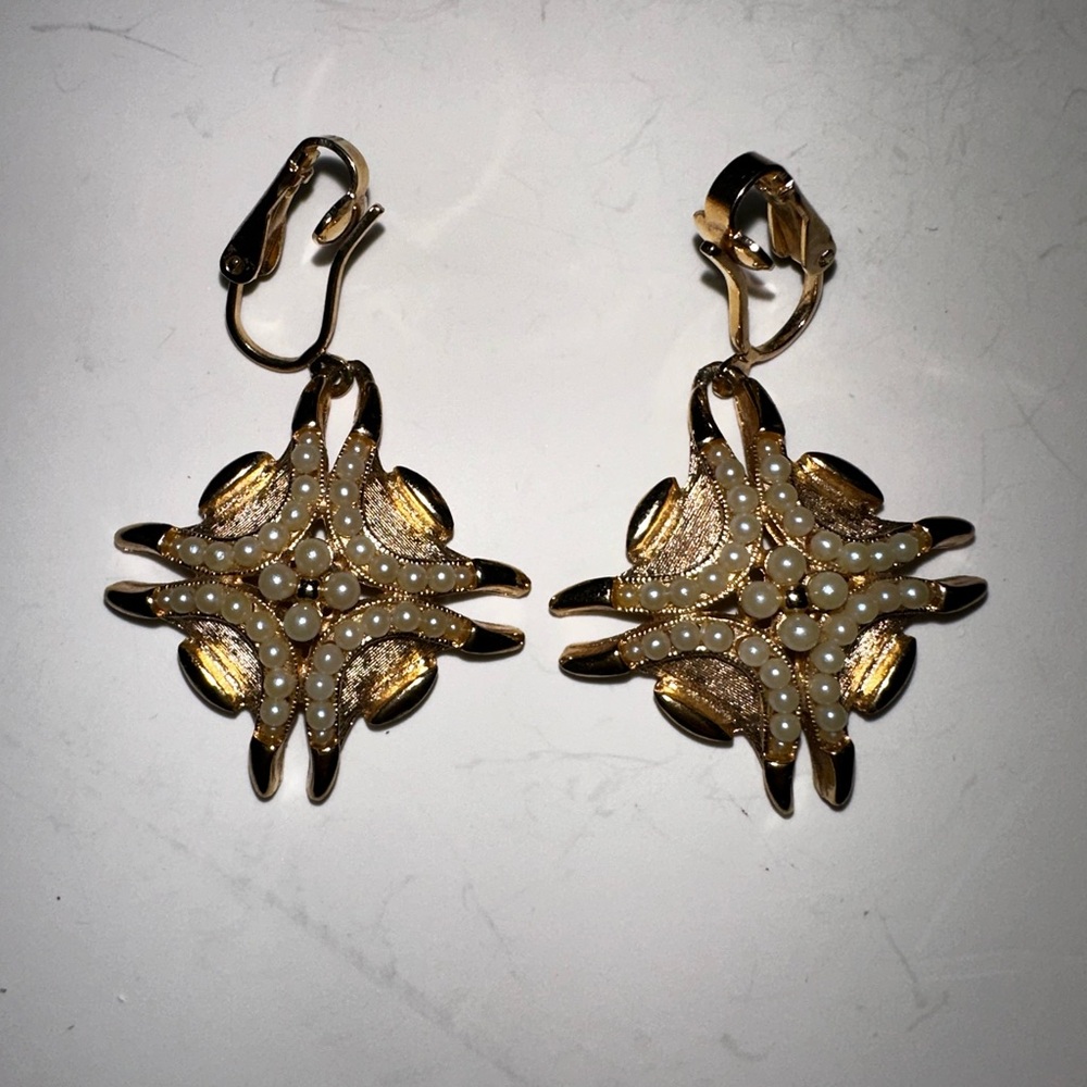 VNTG Tradition Faux Seed Pearl Gold-Waged Dangling Clip-On Earrings